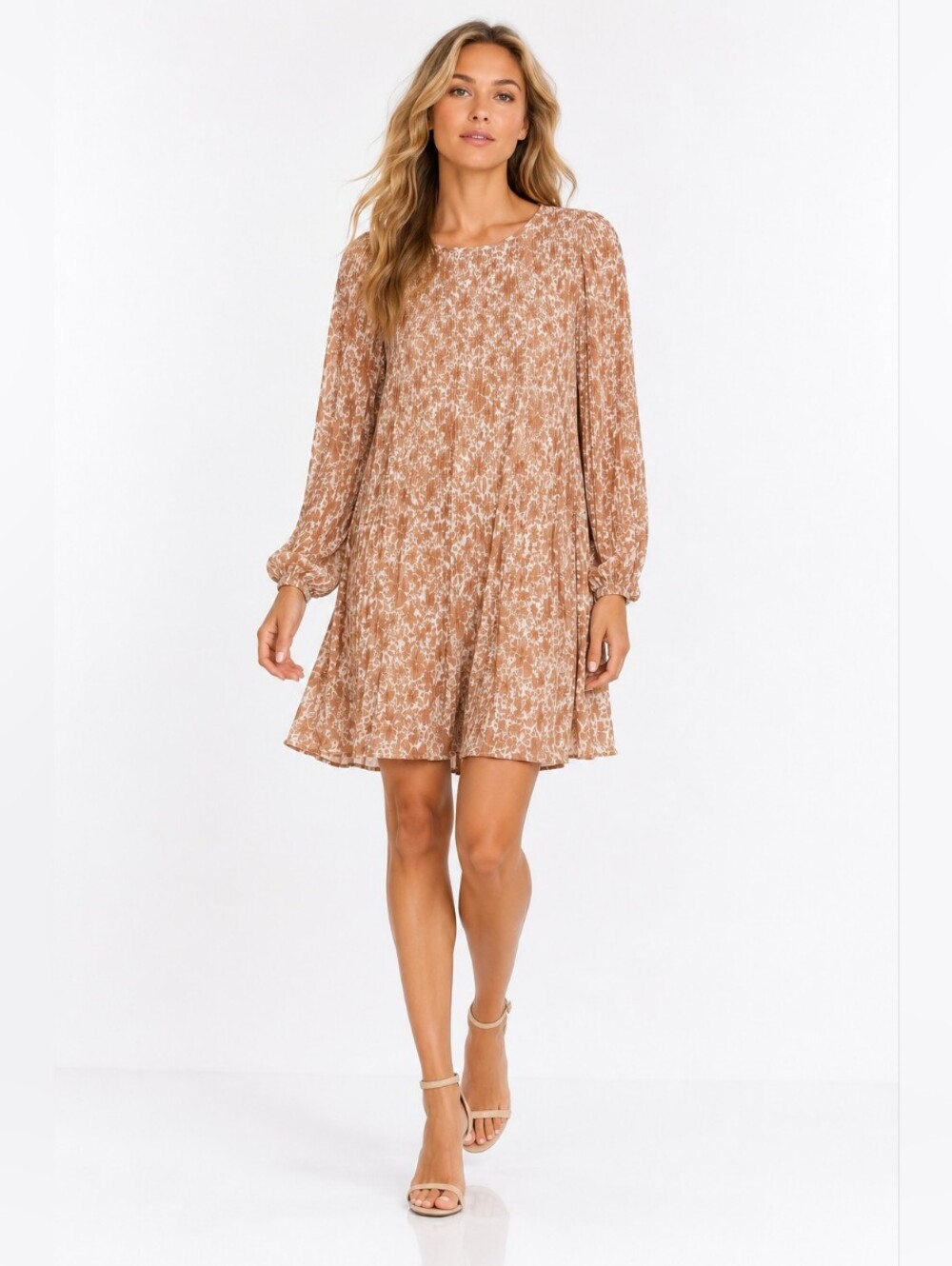 Roolee Floral Pleated Long Sleeve Mini Dress XS Beige Cream